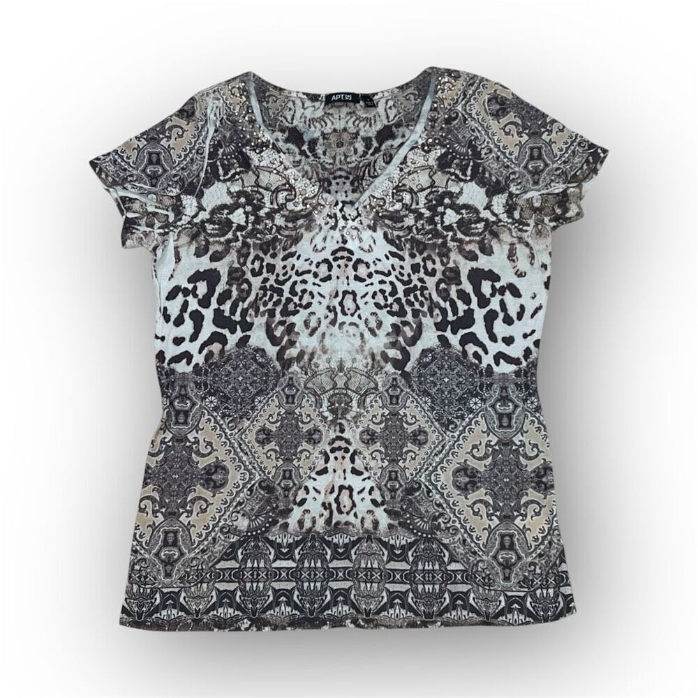 Apt. 9, Animal Print Short Sleeve T-Shirt, Jeweled Neckline, Women's Small